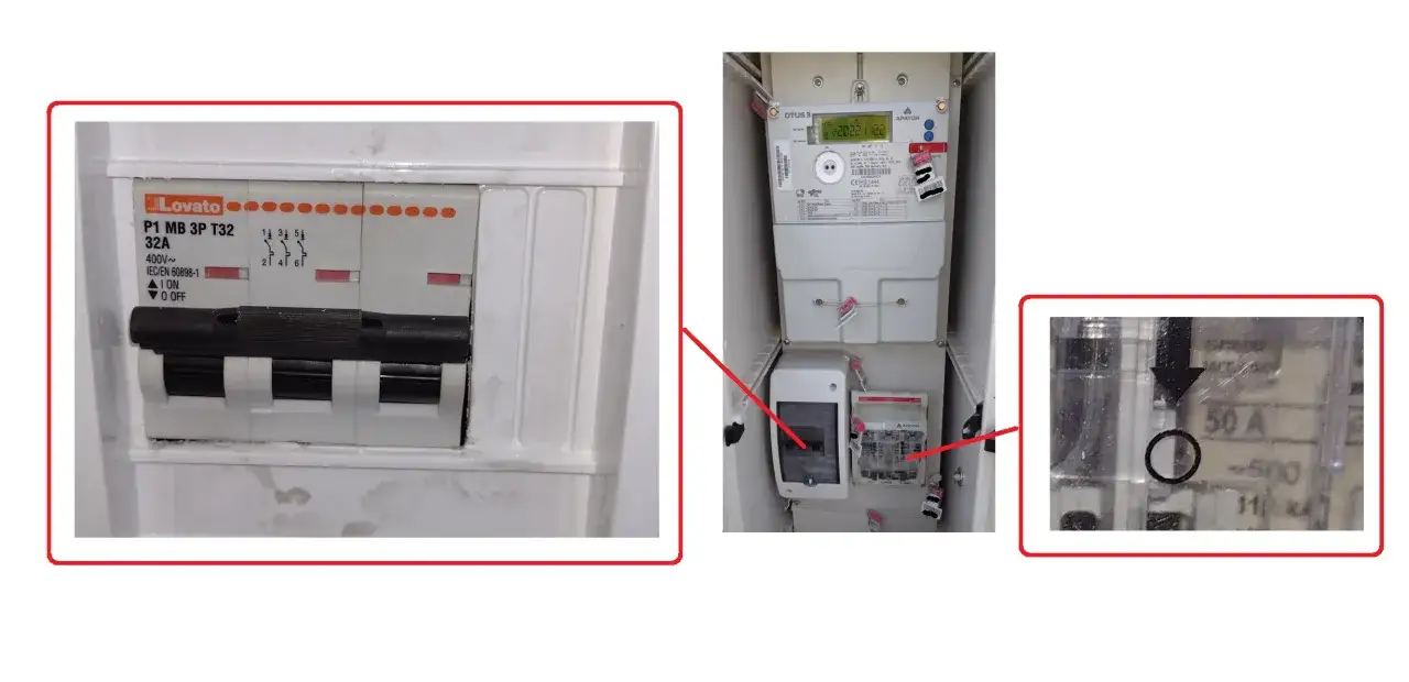Zabezpieczenie przedlicznikowe to wyłącznik nadprądowy Lovato 32A oraz licznik energii elektrycznej. Widoczny jest też bezpiecznik 50A.