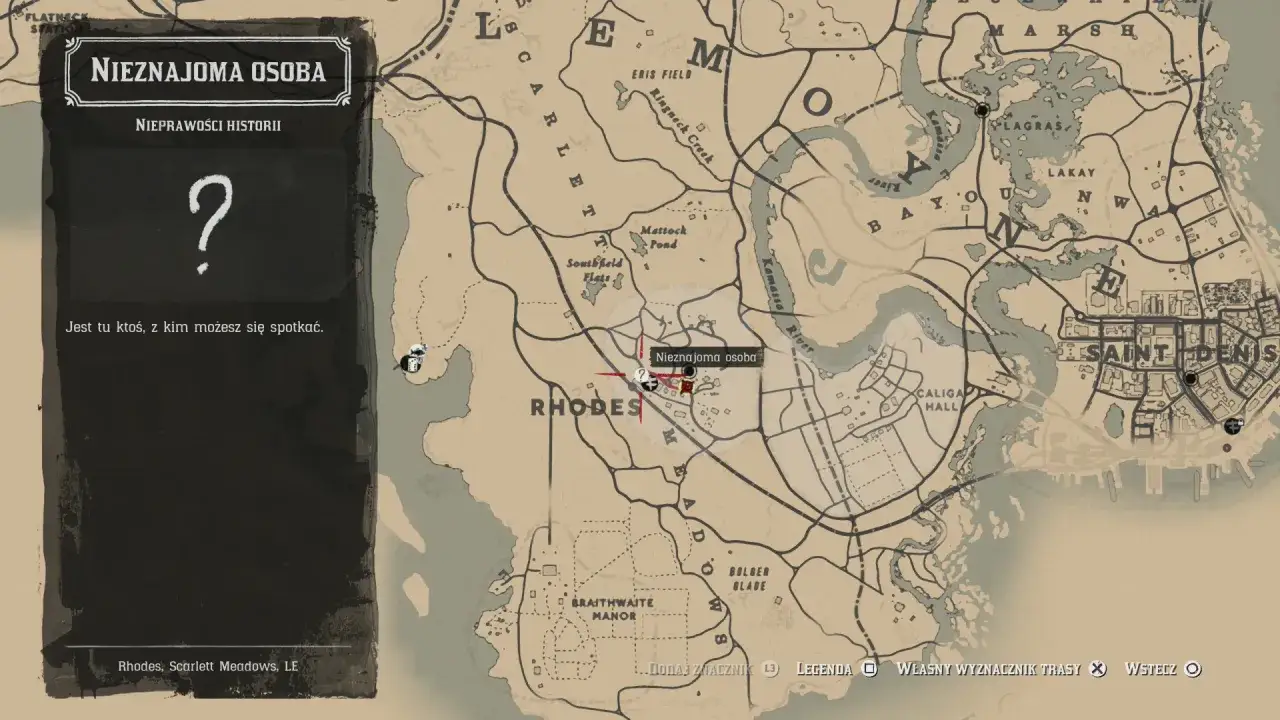 Mapa RDR2 z zaznaczoną lokacją "Nieznajoma osoba" w Rhodes. Rozpocznij nowe rdr2 misje, by odkryć tajemnicę.