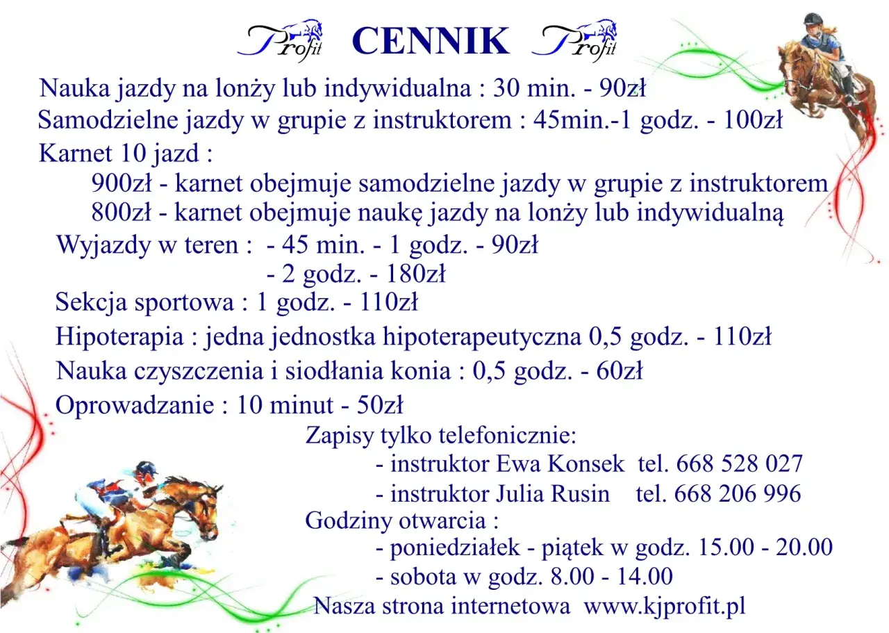 Cennik usług jeździeckich: nauka jazdy, wyjazdy w teren, sekcja sportowa, hipoterapie, oprowadzanie. Klub jeździecki Profit oferuje szeroki zakres szkoleń.