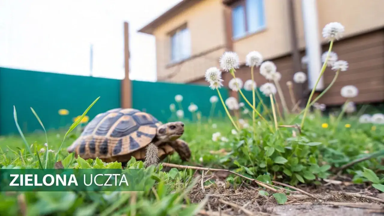 Żółw wodno-lądowy spaceruje po trawie wśród dmuchawców.