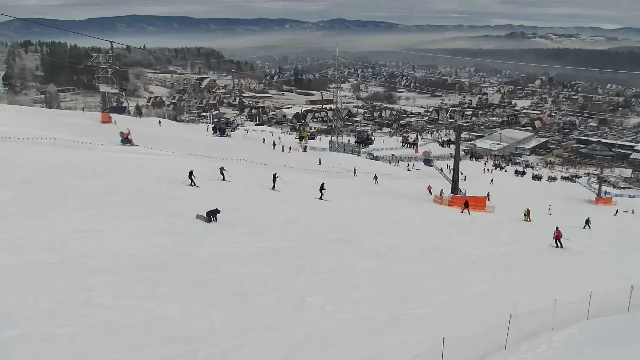 Widok z kamery na stok narciarski w Bodzentynie. Narciarze i snowboardziści szusują po ośnieżonych zboczach, w tle widoczne zabudowania i góry.