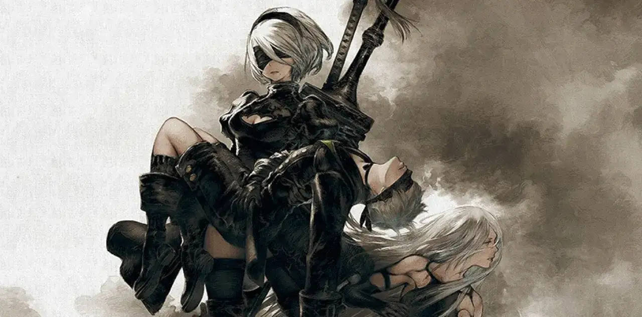 2B trzyma 9S, gdy A2 patrzy w dal. Obrazek idealny do spolszczenia Nier Automata.