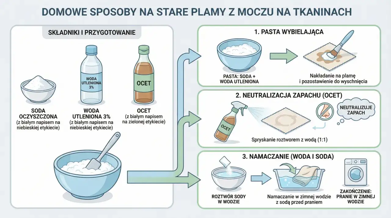 Domowe sposoby na plamy z moczu: pasta z sody i wody utlenionej, neutralizacja octem, namaczanie w wodzie z sodą.