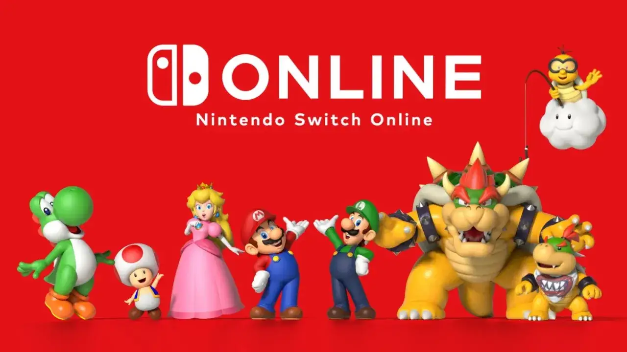 Postacie z Mario świętują z napisem Nintendo Switch Online. Yoshi, Toad, Peach, Mario, Luigi, Bowser i Bowser Jr. zapraszają do gry online.