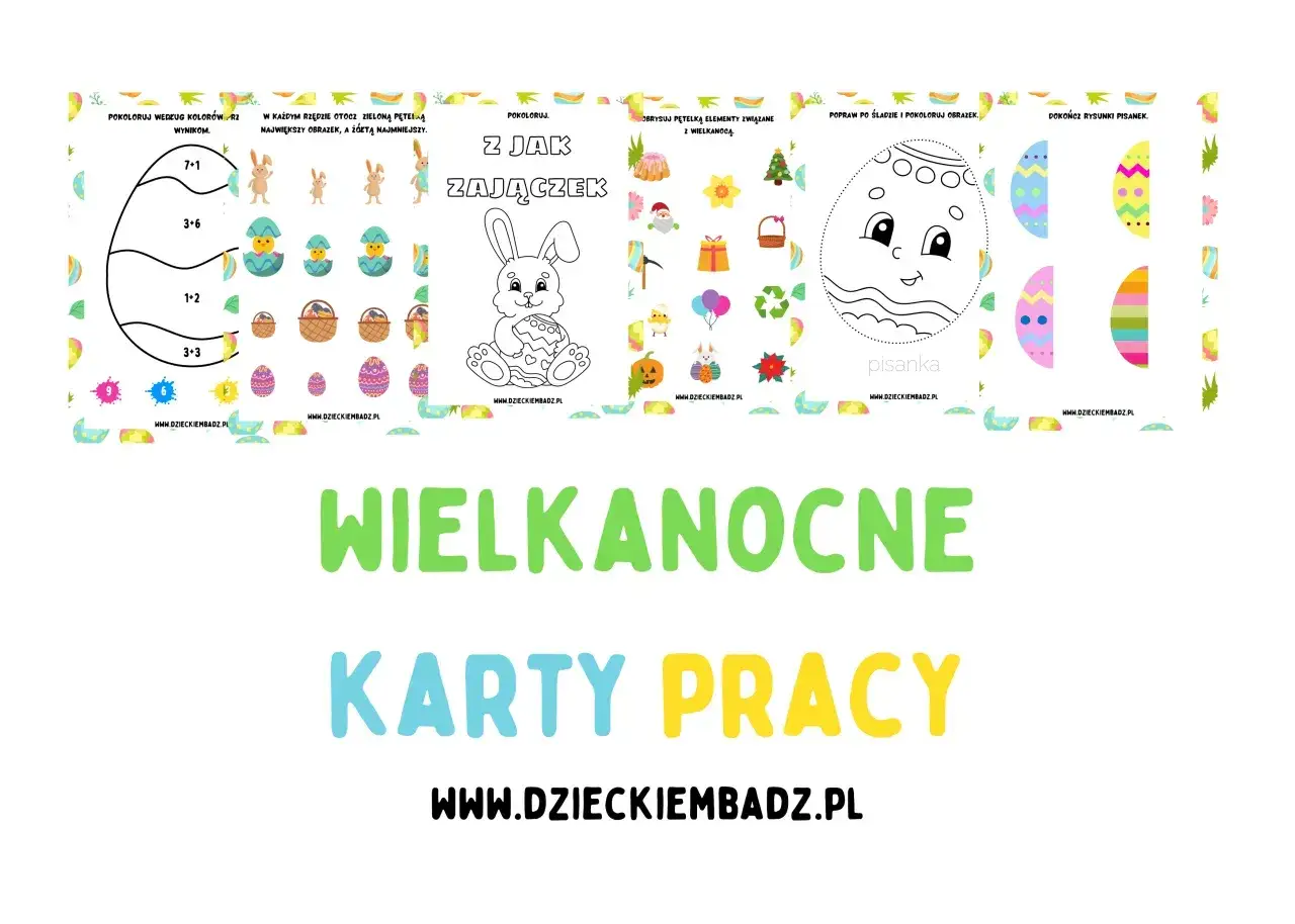 Wielkanocne karty pracy do druku: kolorowanki, zadania z króliczkiem i pisankami.