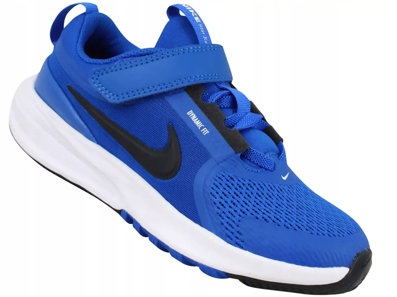 Niebieski but dziecięcy Nike z czarnym logo i białym spodem.