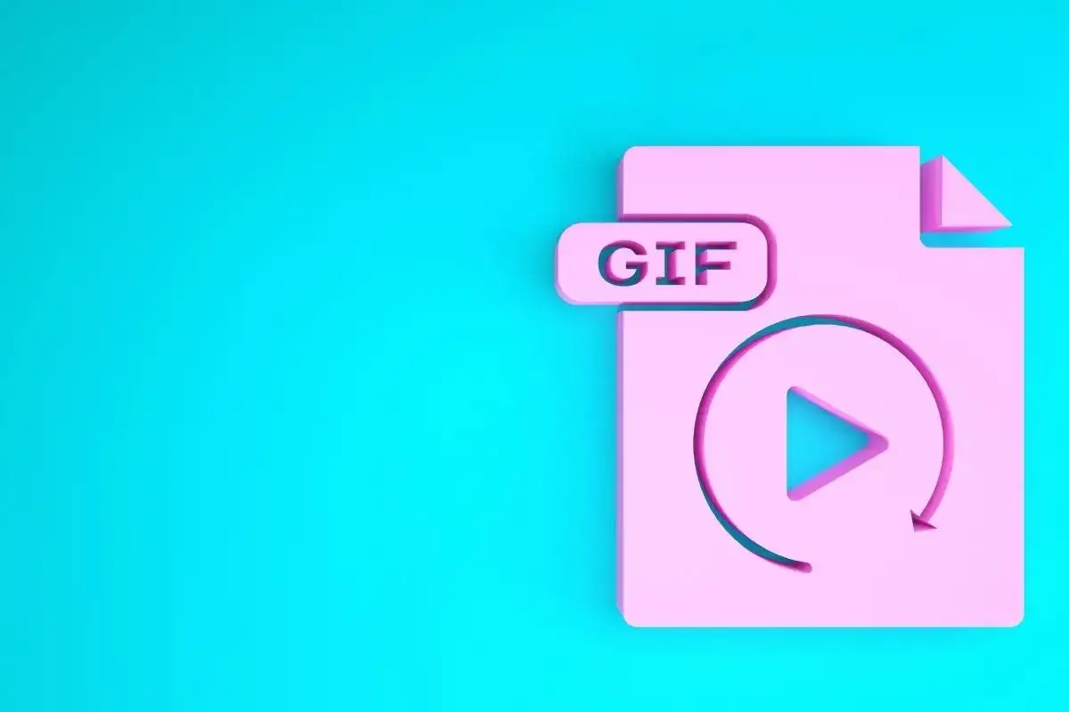 Różowy symbol pliku GIF z ikoną odtwarzania i strzałką wskazującą na pętlę. Dowiedz się, jak ściągnąć gify na telefon.