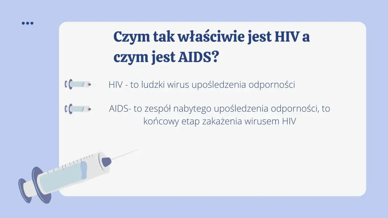 HIV to wirus, AIDS to jego końcowy etap. Grafika wyjaśnia różnicę między nimi, ilustrując strzykawkami.