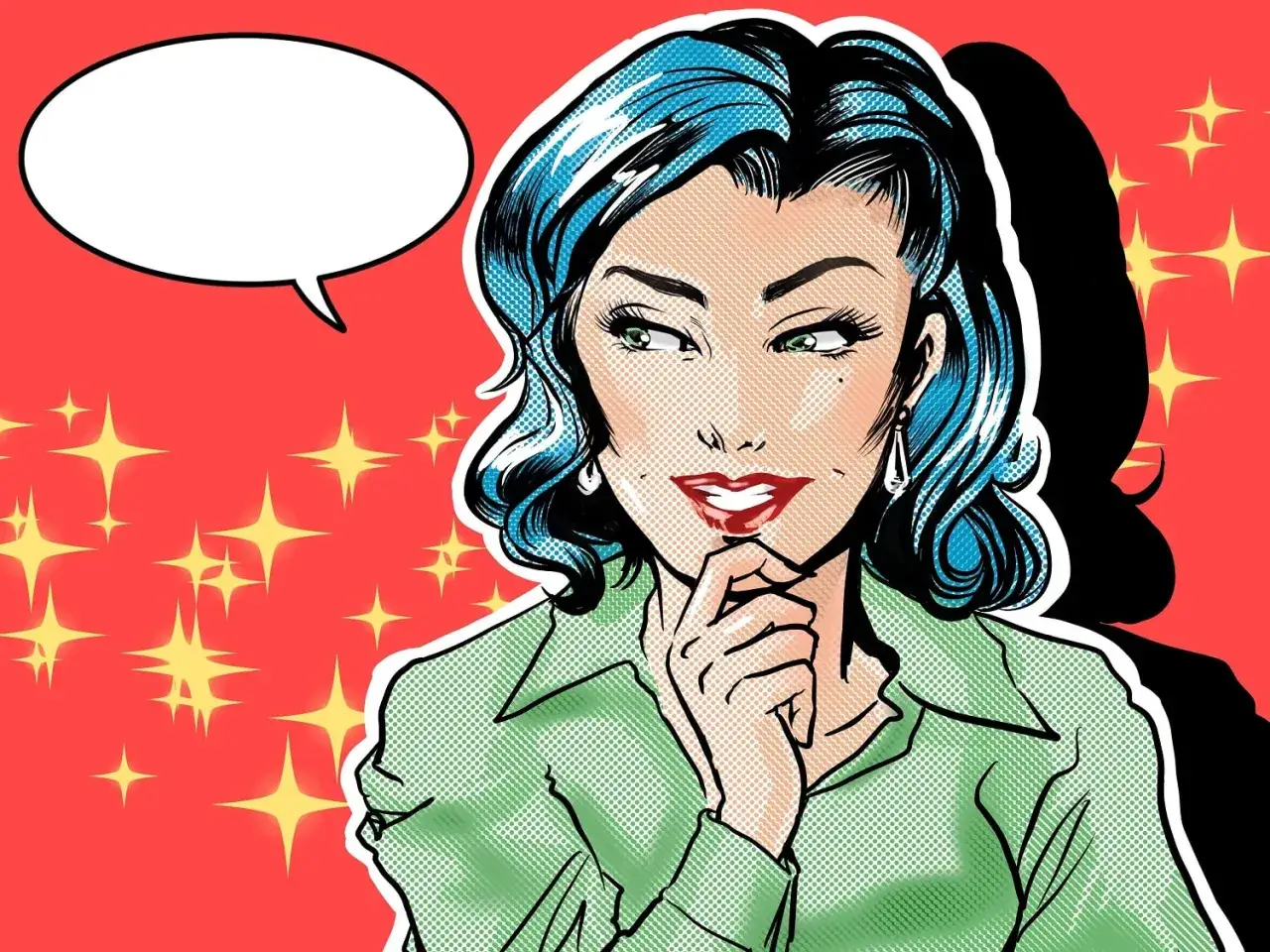 Kobieta w stylu komiksowym z niebieskimi włosami i pustym dymkiem myśli na czerwonym tle.