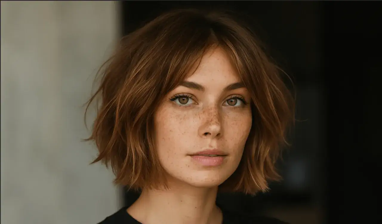 Mujer con pecas y un corte de pelo estilo italian bob, con ondas naturales y flequillo desordenado.