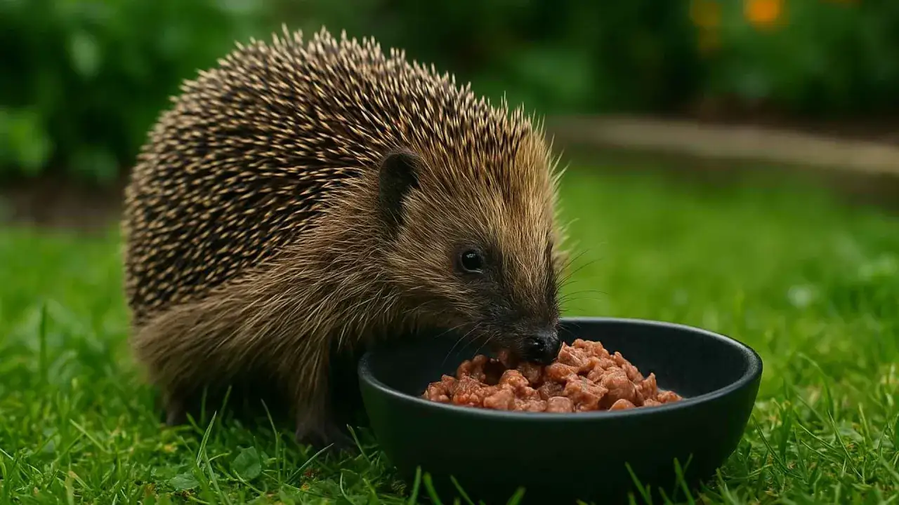 Jeż w ogrodzie zajada mokrą karmę z miseczki. Dowiedz się, czym karmić jeża w ogrodzie, by mu pomóc.
