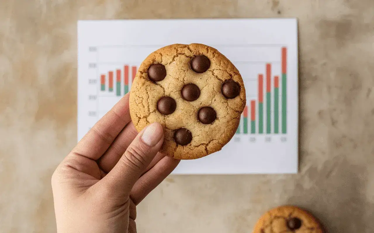 Une main tient un cookie aux pépites de chocolat devant un graphique. Le cookie ig bas est une récompense après une journée de travail.