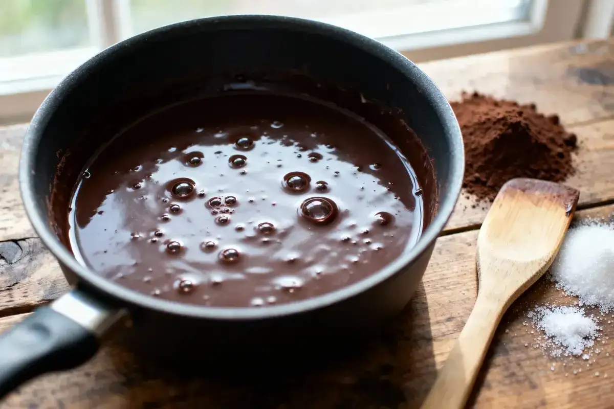 Une casserole de chocolat fondant, avec du cacao en poudre et du sucre à côté, prêt à faire fondre du chocolat pour un dessert gourmand.
