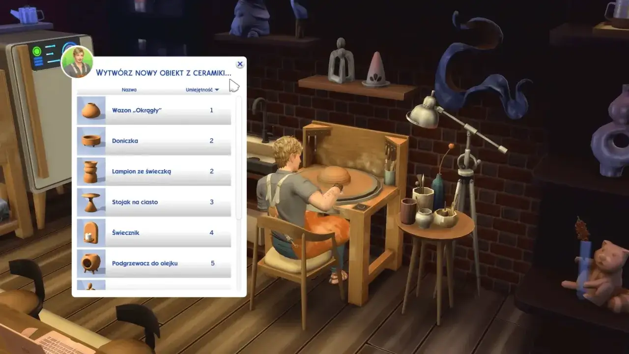 Symulator tworzy wazon na kole garncarskim. Menu pokazuje, jak obracać przedmioty w The Sims 4, tworząc ceramikę.