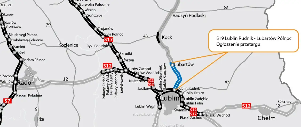 Mapa drogowa z zaznaczoną trasą Via Carpatia, drogami S7, S12, S17 i S19, miastami Radom, Lublin, Chełm.