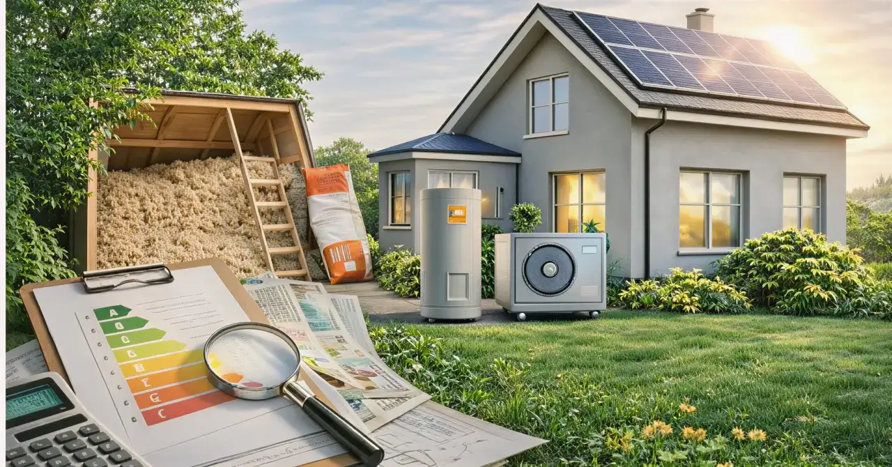 Planowanie termomodernizacji budynku: materiały izolacyjne, pompa ciepła, panele słoneczne i kalkulacje efektywności energetycznej.