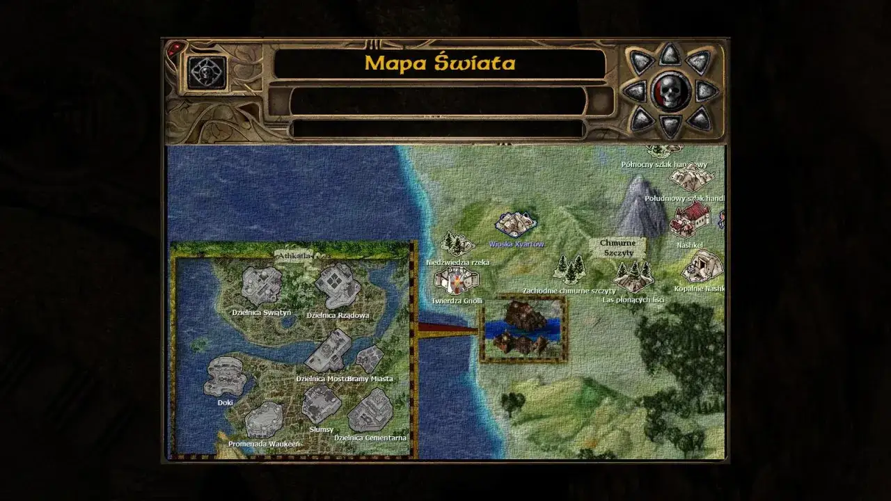 Mapa świata z gry Baldur's Gate: Siege of Dragonspear. Widoczne lokacje: Athkatla, Nashkel, Twierdza Gnolli.