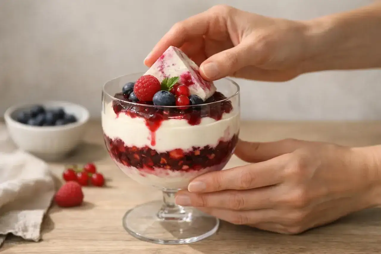 Verrine de dessert aux fruits rouges et crème, garnie d'une feuille de menthe.