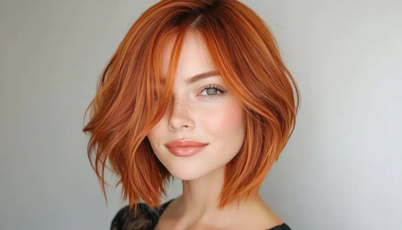 Mujer con cabello cobrizo y corte bob asimétrico, ideal para cortes de pelo para dar volumen al pelo fino.