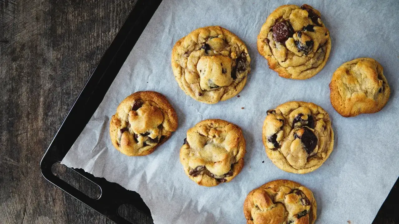 Sept cookies américains aux pépites de chocolat, tout juste sortis du four, prêts à être dégustés. Une recette de cookie américain parfaite !