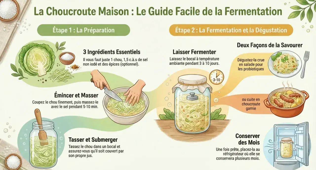 Guide pour faire la choucroute maison : préparation, fermentation et dégustation. Apprenez ce qu'est la choucroute et comment la préparer facilement.