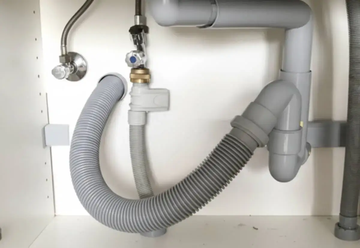 El fregadero pierde agua por abajo. Tuberías grises y mangueras flexibles bajo el lavabo, con una fuga visible.
