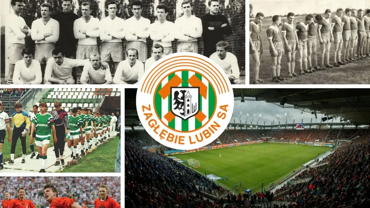 Kolaż zdjęć z historią MKS Zagłębie Lubin: drużyny w różnych latach, herb klubu i stadion pełen kibiców.