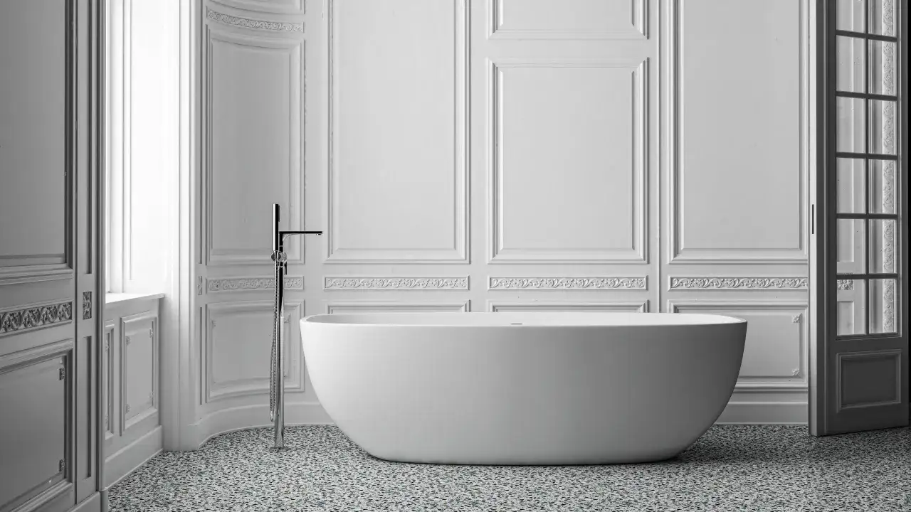Elegancka łazienka ze sztukaterią, wolnostojącą wanną i nowoczesną armaturą.