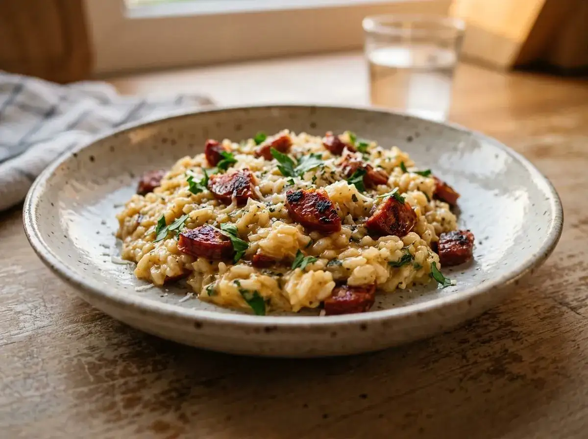 Risotto z chorizo i natką pietruszki na talerzu, z widokiem na okno.