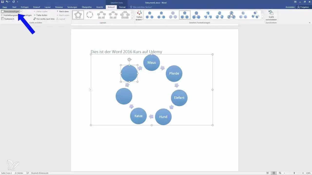 Jak zrobic schemat w Word: dodawanie kształtów i tworzenie cyklicznego diagramu z nazwami zwierząt.
