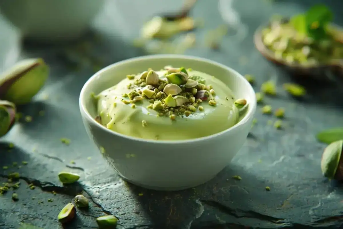 Crème anglaise pistache onctueuse, garnie de pistaches concassées et de quelques pistaches entières. Un délice vert et gourmand.