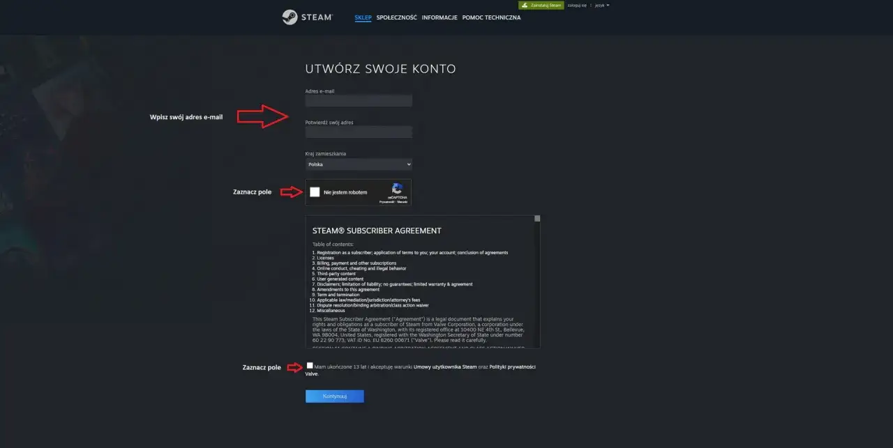 Tworzenie konta Steam, wpisanie adresu e-mail i potwierdzenie akceptacji warunków, aby móc dokonać steam aktywacja klucza.