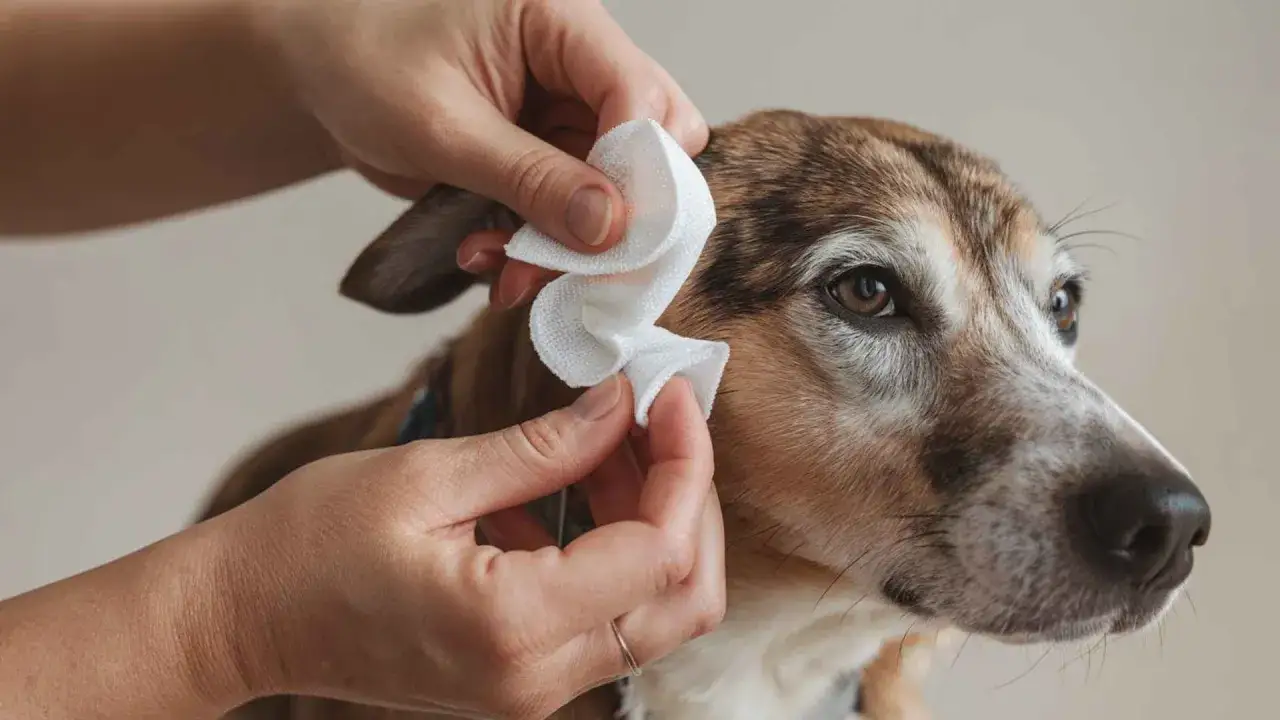 Manos limpian orejas perro con una toallita blanca. Cuidado e higiene para tu mascota.