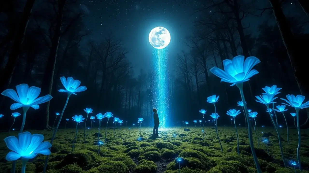 Nocny las, gdzie świecące na niebiesko kwiaty tworzą magiczną polanę. W centrum stoi postać, wpatrzona w snop światła z księżyca. To jak piękny sen o kwiatach.