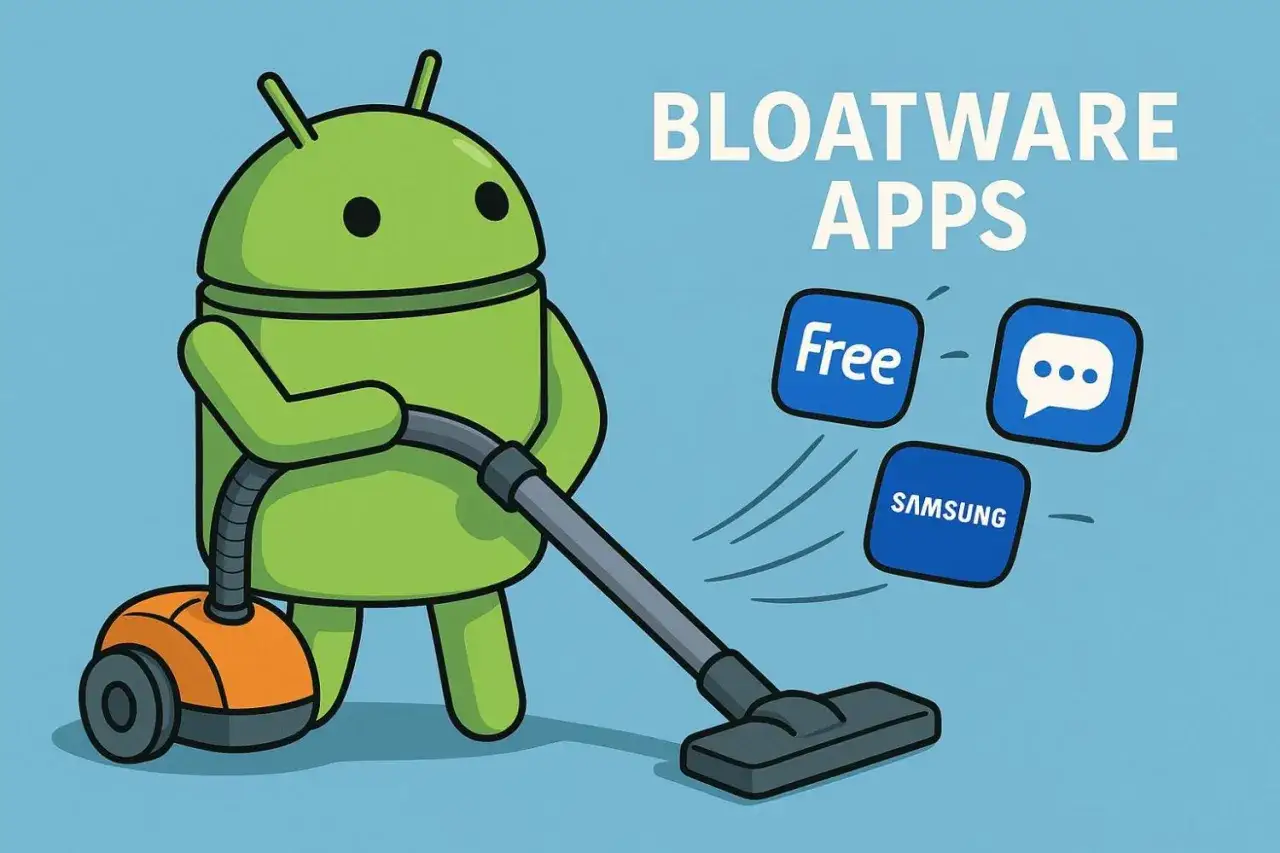 Android-Roboter saugt Bloatware-Apps wie "Free", "Samsung" und eine Chat-Blase ab.