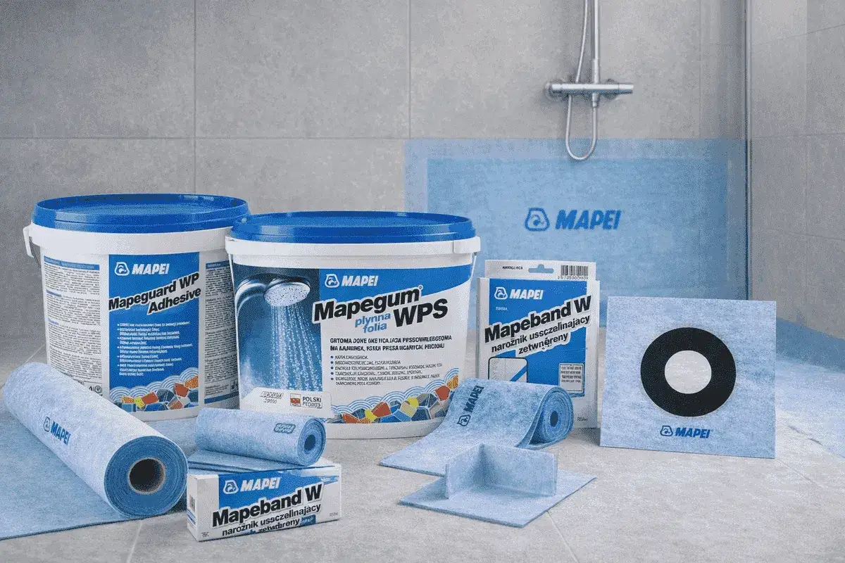 Produkty Mapei do hydroizolacji łazienki: klej, folia w płynie i taśmy uszczelniające.