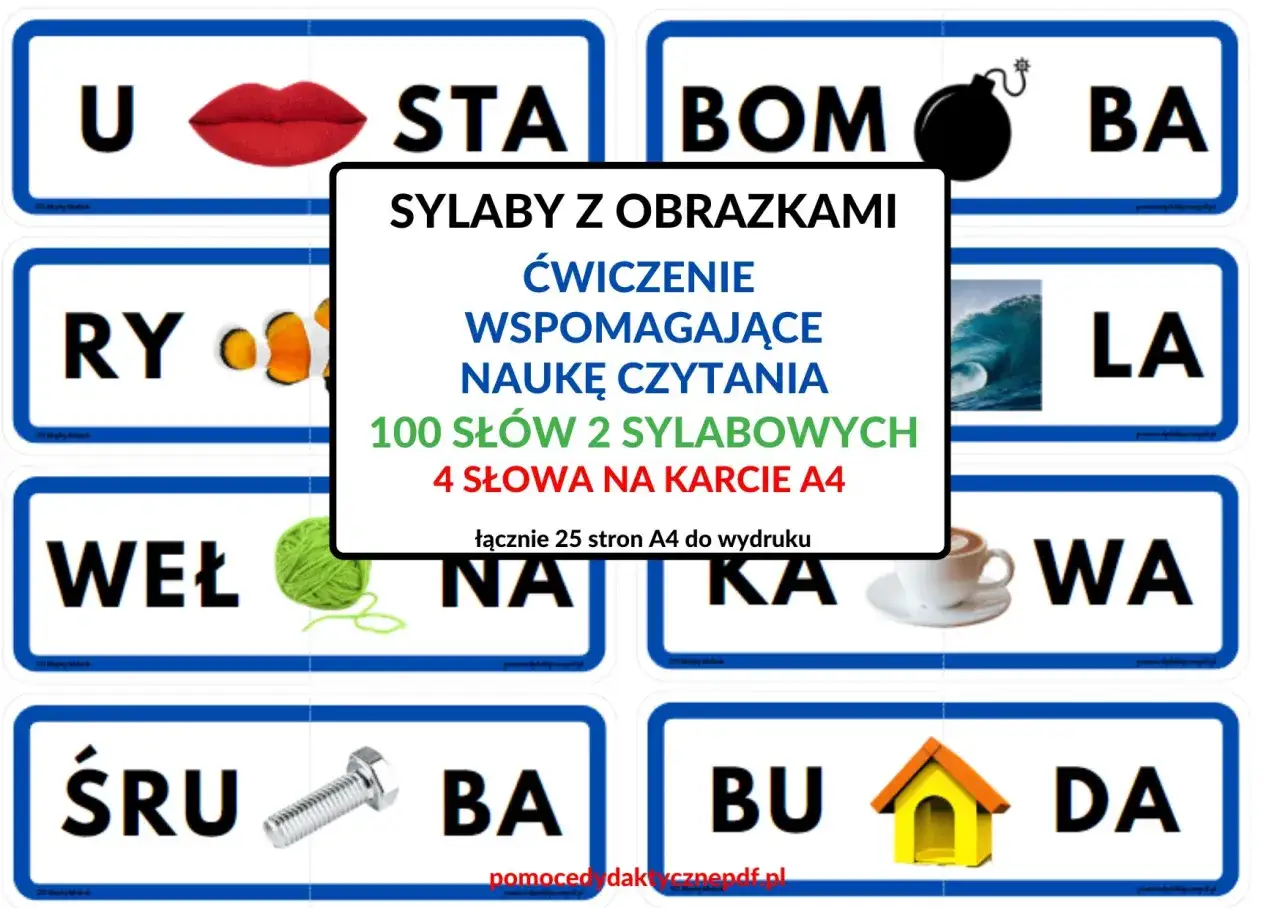 Zestaw kart do druku: sylaby z obrazkami do nauki czytania. Zawiera 100 dwusylabowych słów, 4 na karcie A4.