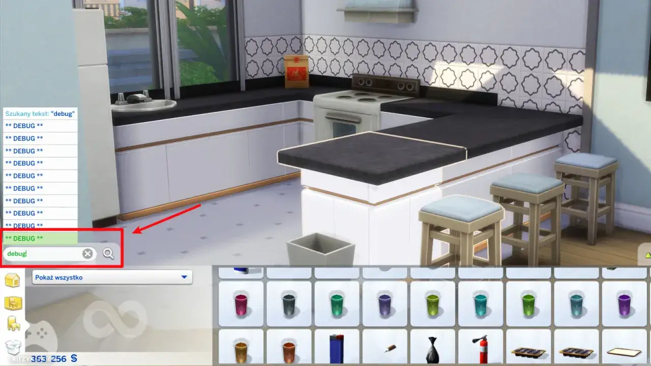 Wpisanie "debug" w wyszukiwarce obiektów w The Sims 4, aby odblokować przedmioty kariery i inne ukryte elementy.