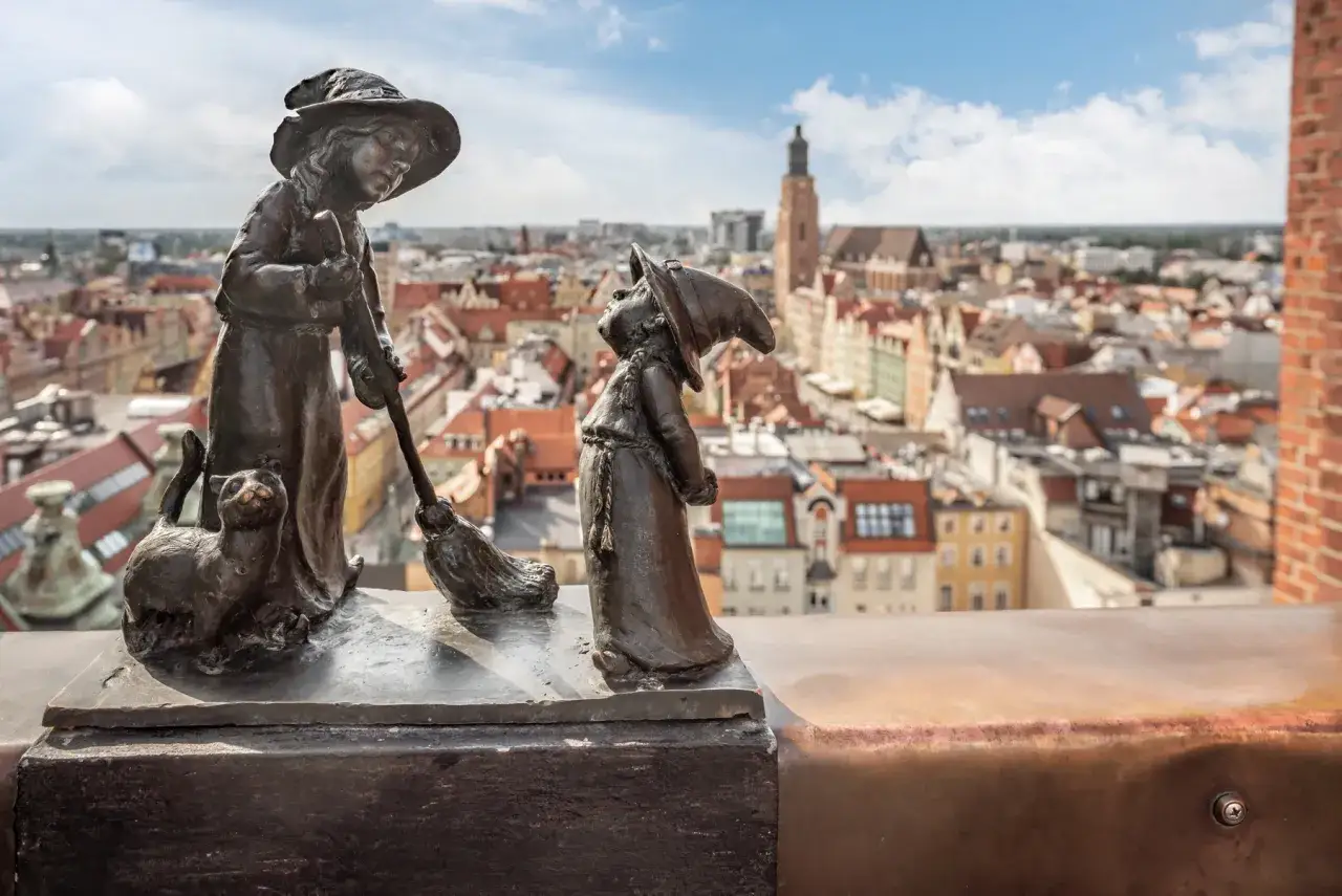 Figurki krasnali: czarownica z kotem i miotłą, na tle panoramy Wrocławia.