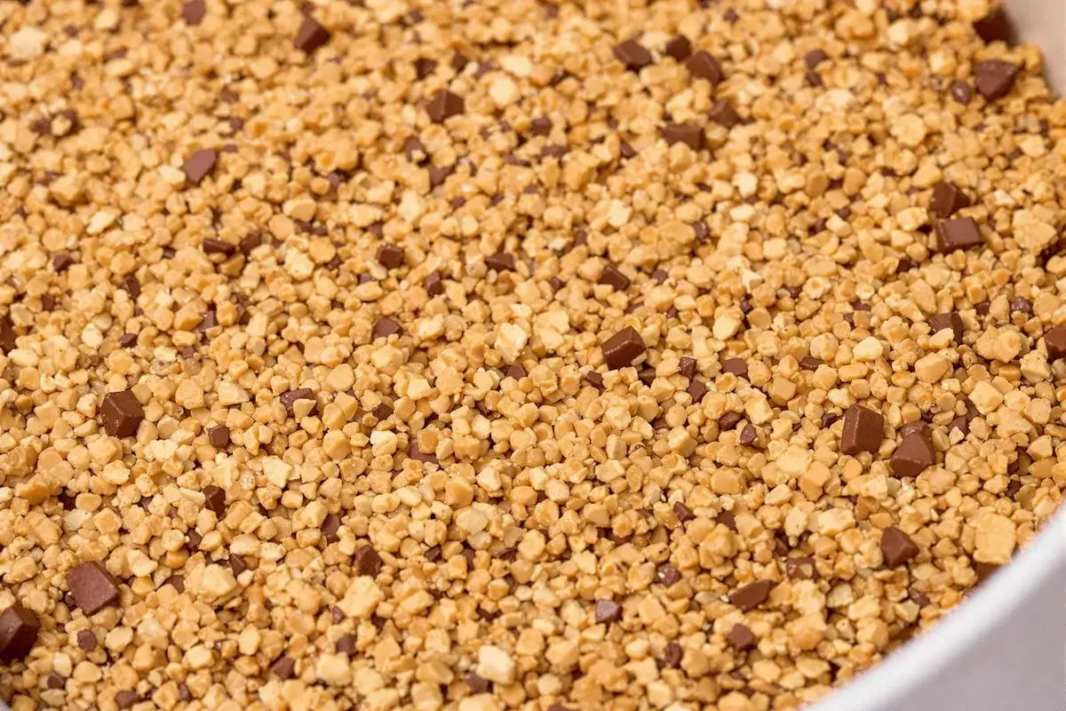 Fond de gâteau Marmiton : un mélange gourmand de biscuit croustillant émietté et de pépites de chocolat pour une texture parfaite.
