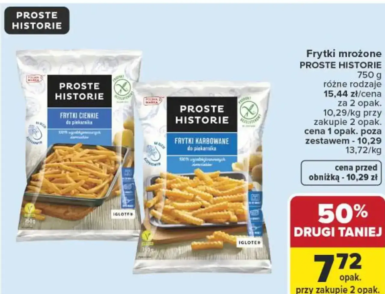 Dwie paczki mrożonych frytek Proste Historie: cienkich i karbowanych, gotowych do piekarnika.