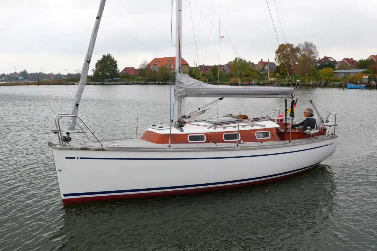 Ein Mann steuert die Segelyacht BIGA 242 auf ruhigem Wasser, im Hintergrund Häuser und Bäume.