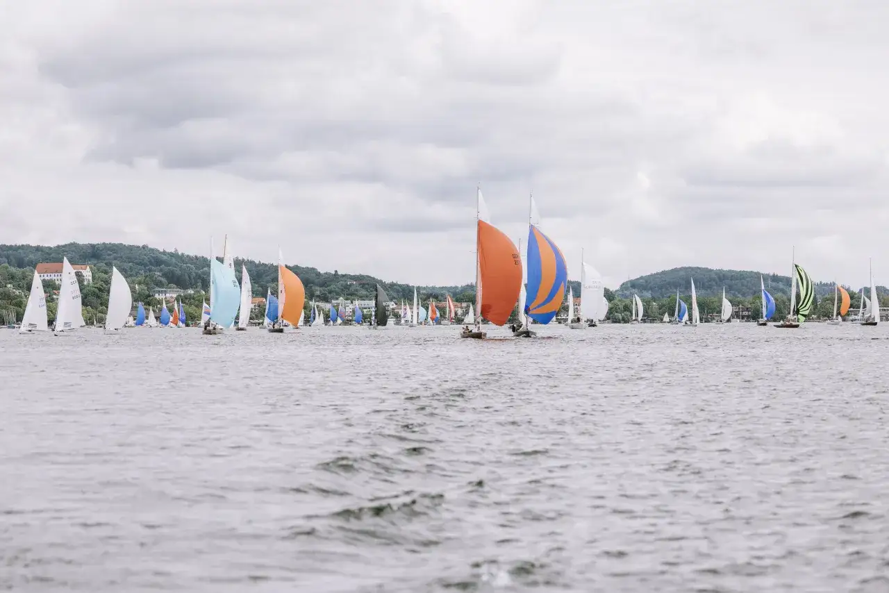 Viele Melges 24 Boote segeln auf dem Wasser, einige mit bunten Segeln, vor einer bewaldeten Küste.