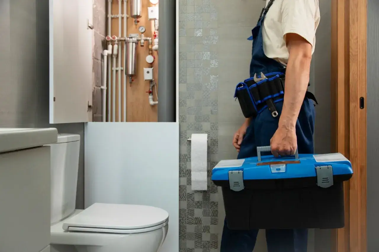 Instalator z narzędziami przy toalecie i instalacji wodnej. Dowiedz się, ile kosztuje zabudowa geberitu płytą GK.