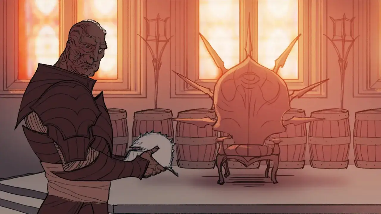 Mroczny wojownik z bliznami na twarzy trzyma hełm. Scena z gry Dragon Age Inkwizycja spolszczenie.