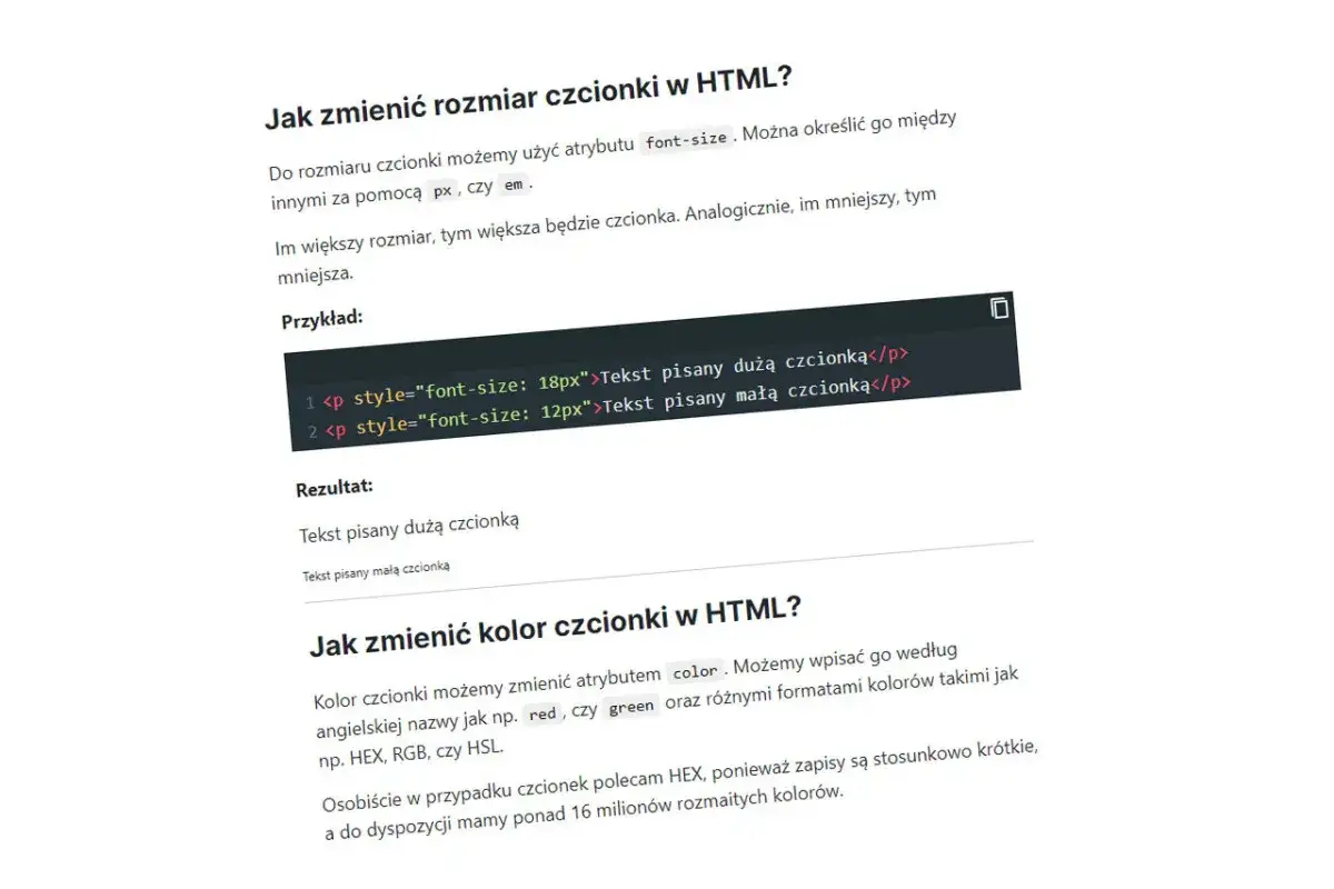 Fragment kodu HTML pokazujący zmianę rozmiaru czcionki na dużą i małą.