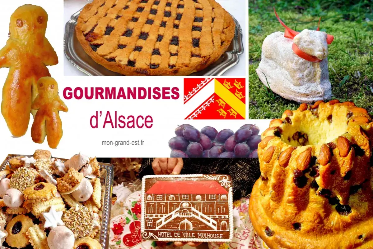 Délicieuses spécialités alsaciennes sucrées : pain d'épices, gâteau, biscuits variés, tarte et agneau de Pâques.