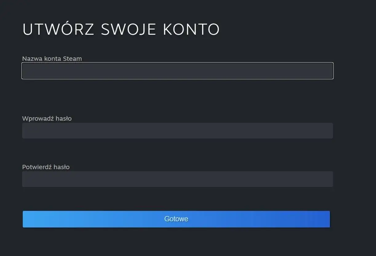 Ekran tworzenia konta Steam. Wpisz nazwę konta, hasło i potwierdź je, aby dowiedzieć się, jak założyć konto na Steam na telefonie.