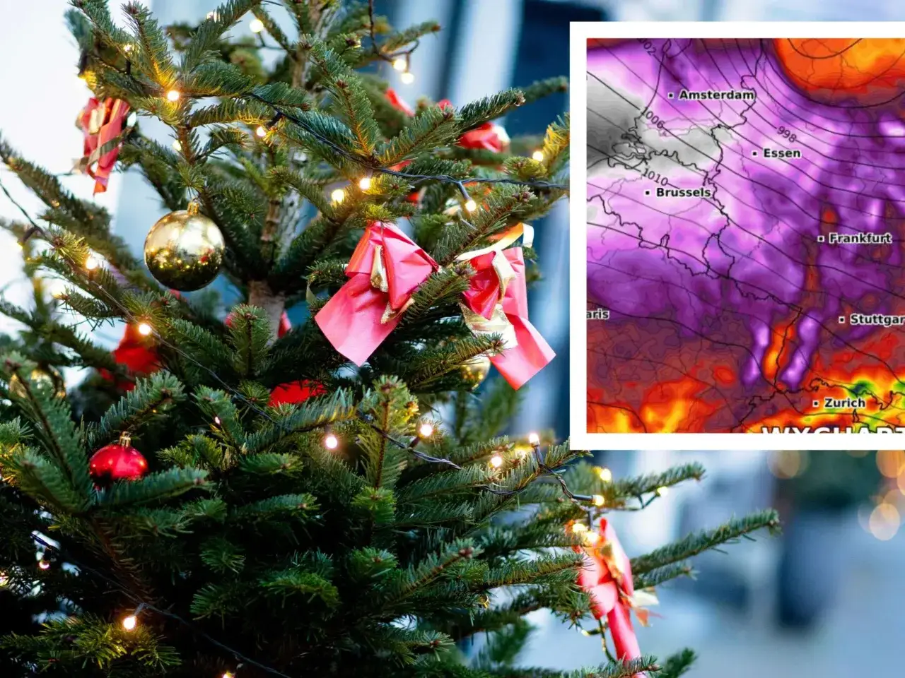Weihnachtsbaum mit Lichtern und Kugeln, daneben eine Wetterkarte mit Europa.
