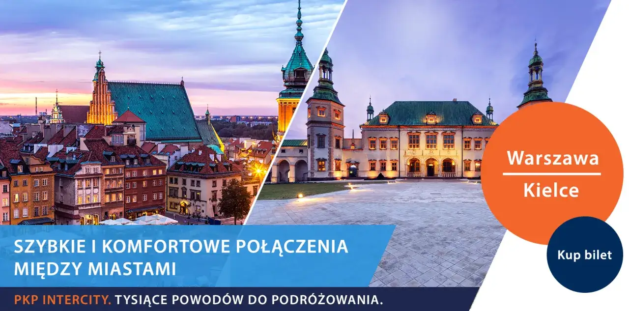 Szybkie połączenie pociągiem z Warszawy do Kielc. Widok na zabytkowe budynki obu miast.